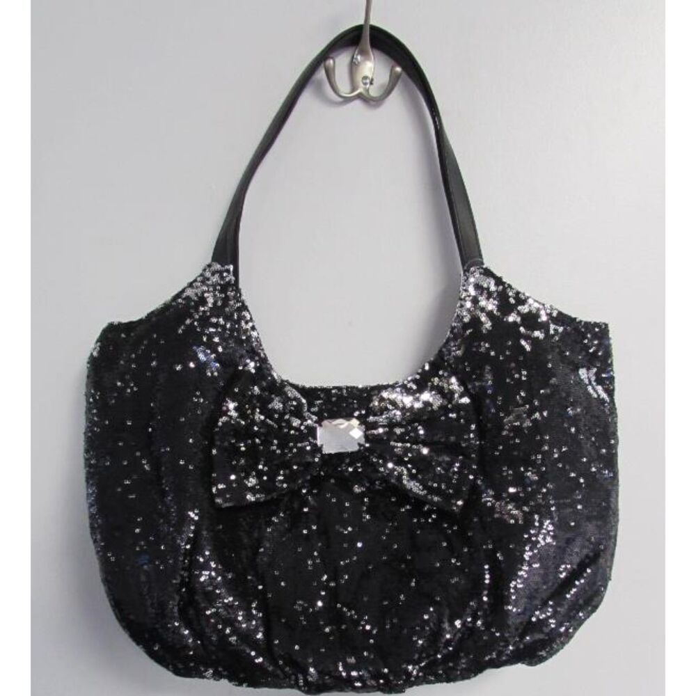 NWT JOAN BOYCE Large Black Sequin Rhinestone Bow Hobo Shoulder Bag